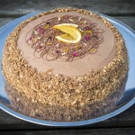 Chokoladekage med chokolade/appelsincreme og hasselnødde/nougatkrokant